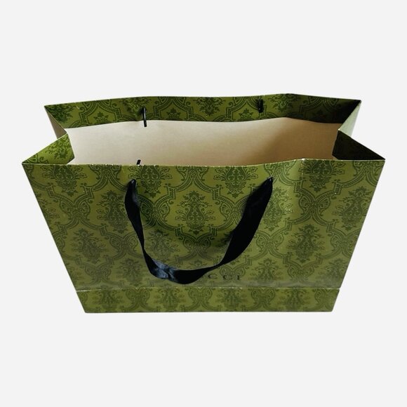 GUCCI Authentic Paper Shopping Gift Bag Tote Green Damask Print 12.5"x4"x9.5" - Picture 3 of 5